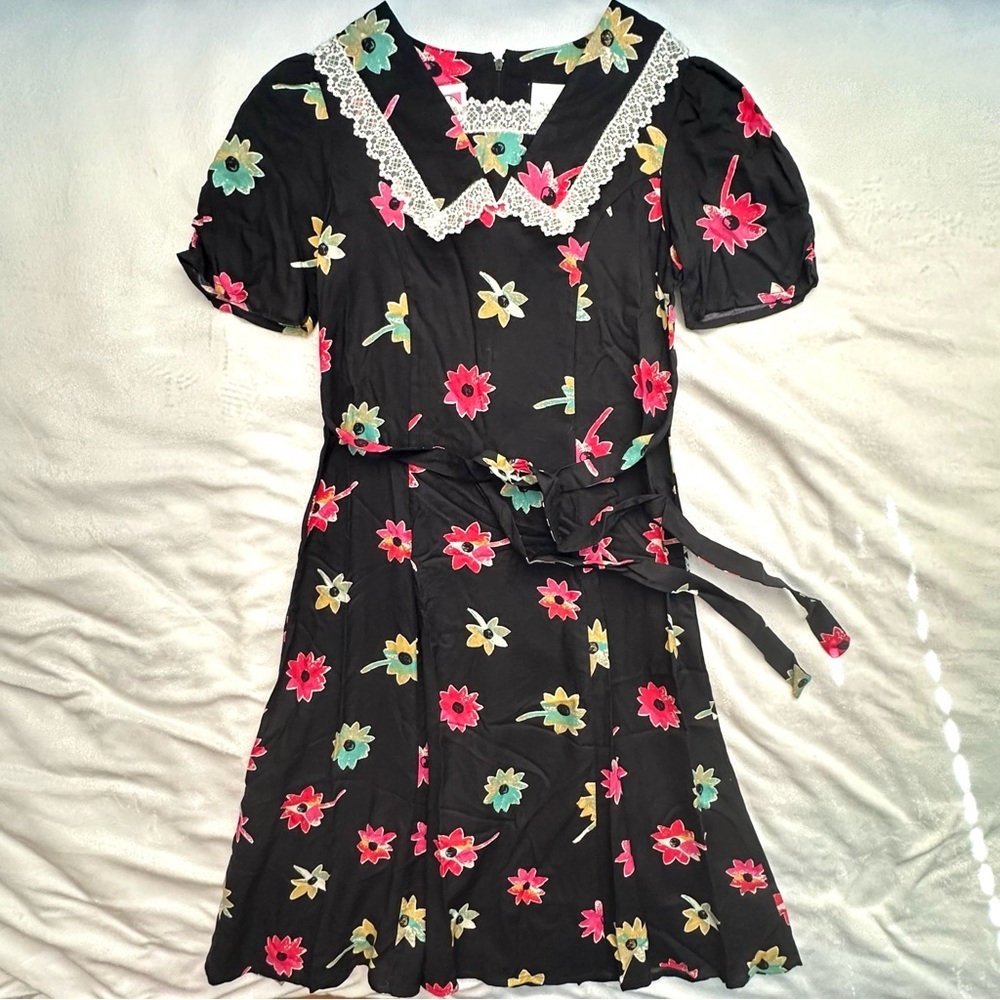 Vintage Sister Sister Black Floral Short Slv Tea Dress Girls 8 Collar Lace Trim